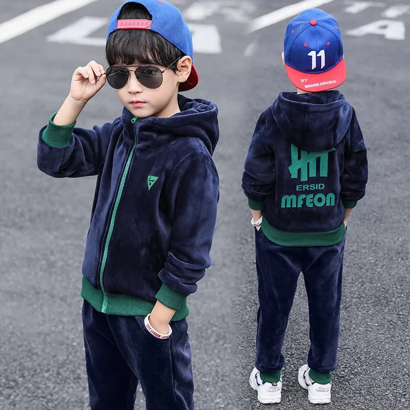 Boys Double-sided Velvet Sets Children Fashion Casual Hooded Suit Kids Autumn Winter Jackets+Pants 2Pcs Outfits Teenager Clothes