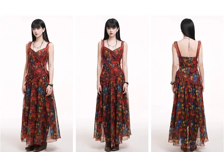 Estate New Chic Red Floral Ruffles Abito con bretelle con scollo a V Sweet Cool Girls Vacanza al mare A-line Abiti lunghi da fata a vita alta