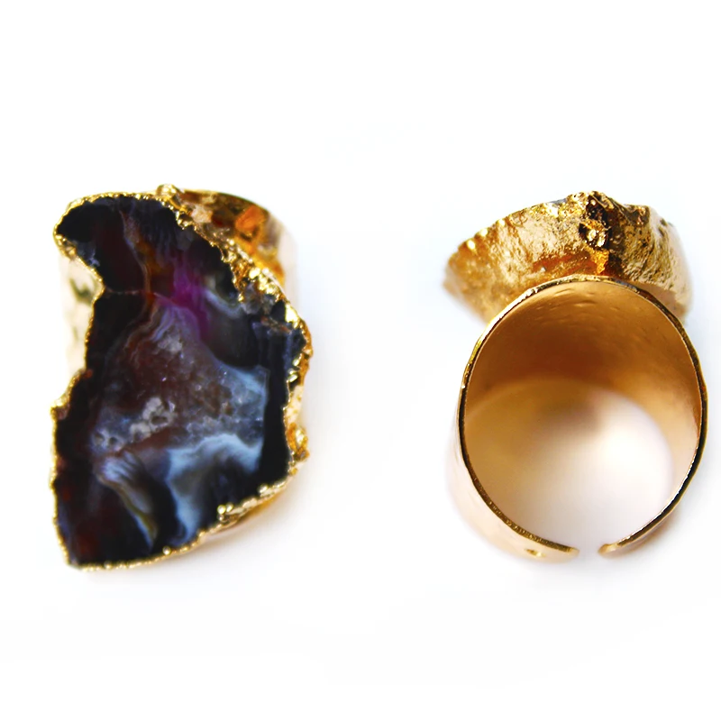 Irregular Raw Agate Slices Ring Geode Stone Adjustable Gold Plated Open Wide Gemstone Finger Handmade Jewelry