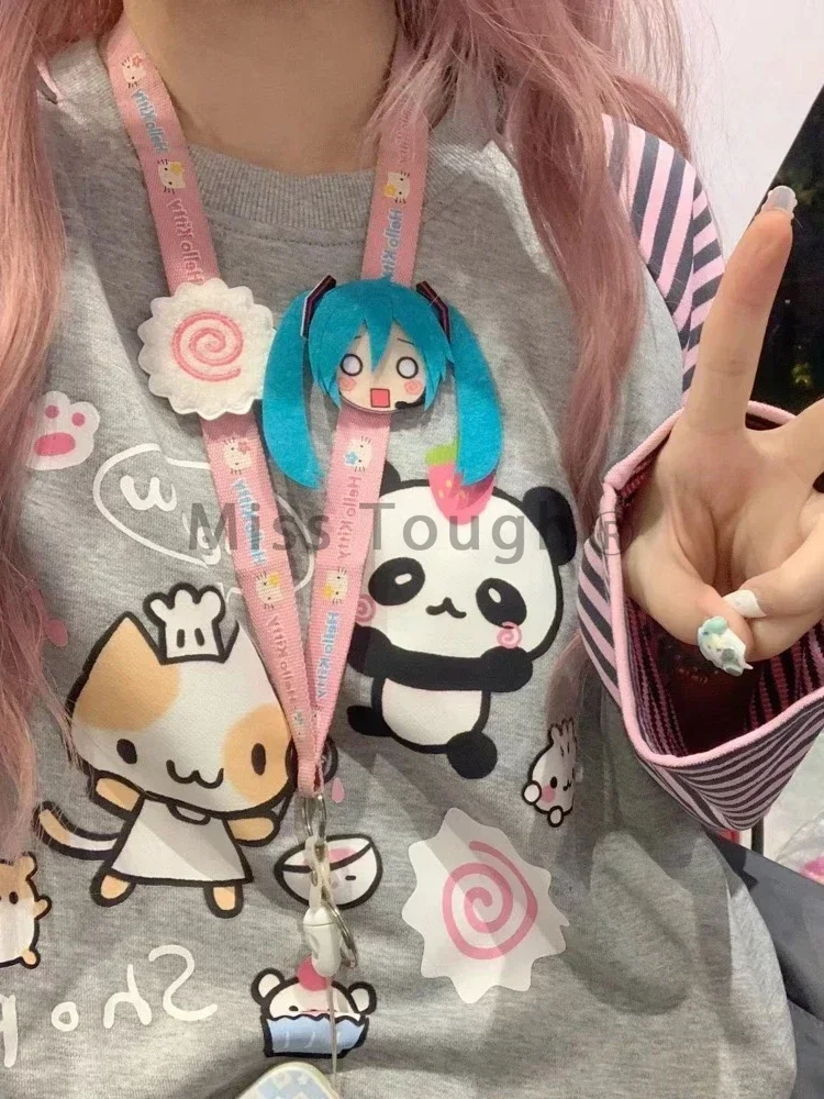 Y2k Harajuku Kawaii Striped T-shirts Women Japanese Fashion Patchwork Cartoon Print Tops Female Sweet Cat Design Casual Tees New