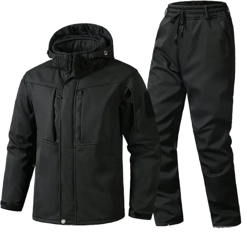 Outdoor Winter Grid Fleece Thickened Arctic Fleece Anti-splashing Water-resistant Wear-resistant Cold-proof Warm Jacket Set