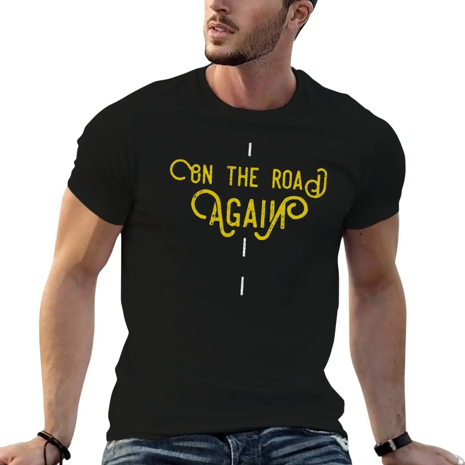 

On the road again - Inspirational Travel Quote Typography T-Shirt summer clothes customizeds blue archive Men's t-shirts