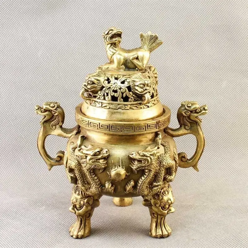 

China Brass Carved Dragon&ampfoo Fu Dog Incense Burner/censer Statue