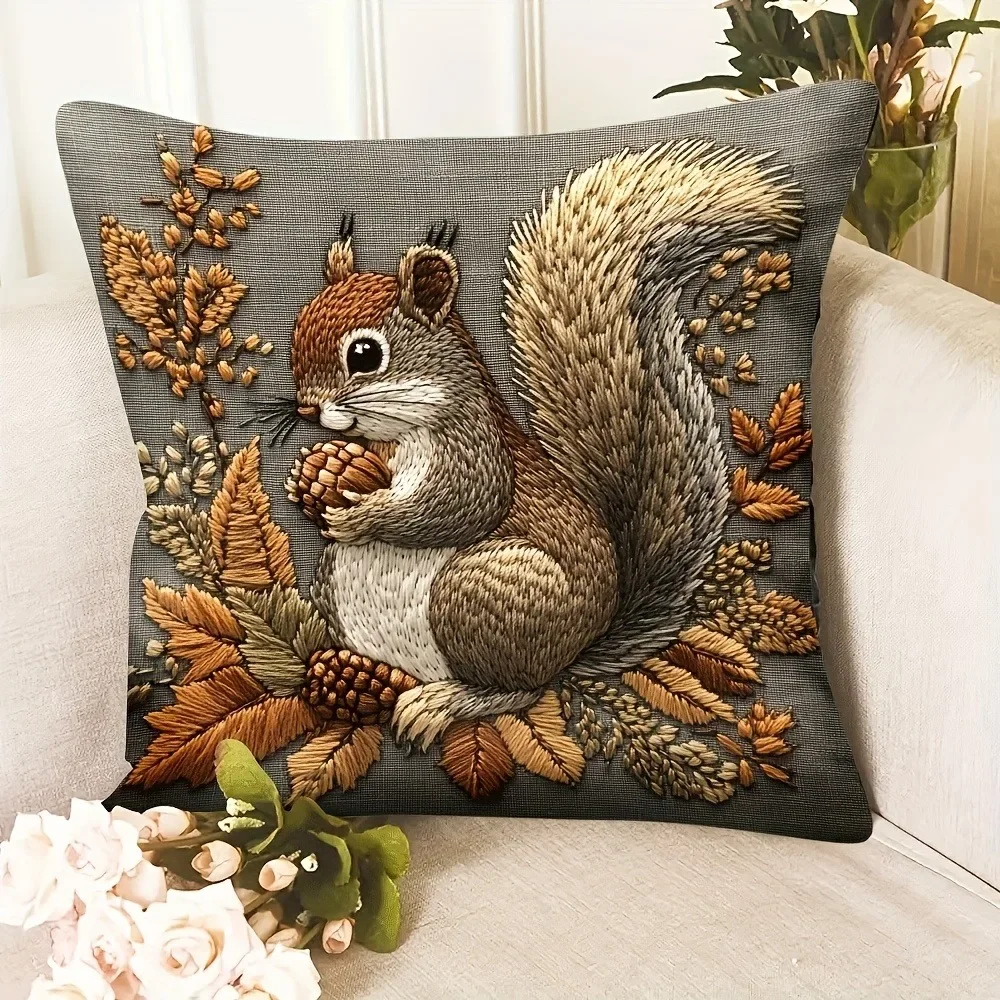 VIKAMA Kissenbezug mit Eichhörnchen-Muster im Stickerei-Stil, Vintage-Landhaus-Stil, Kissenbezug mit Reißverschluss, Sofa, Wohnzimmer, Heimdekoration