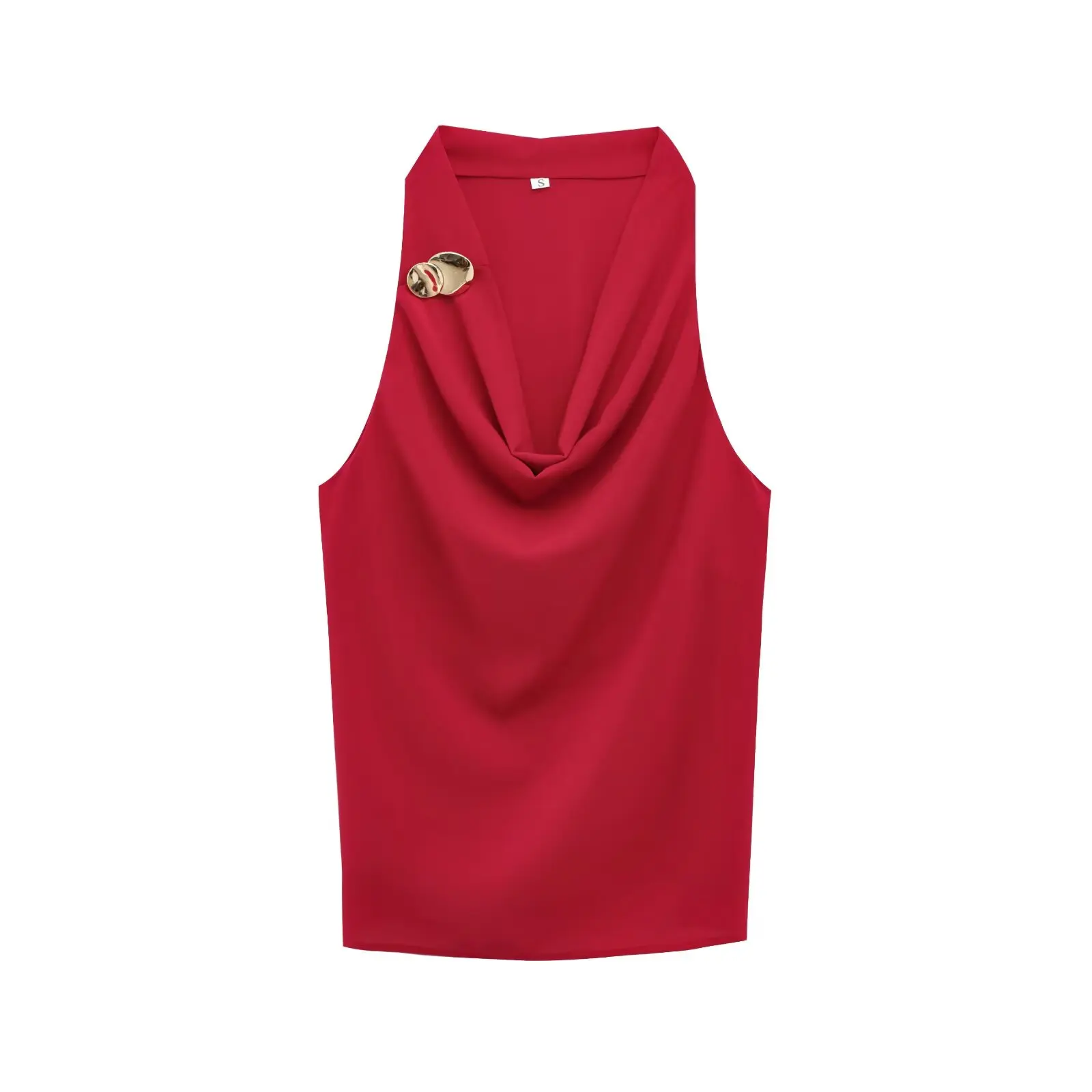 

PB&ZA2025 Summer new women's fashion gold inlaid sleeveless pleated collar hanging neck casual vest top