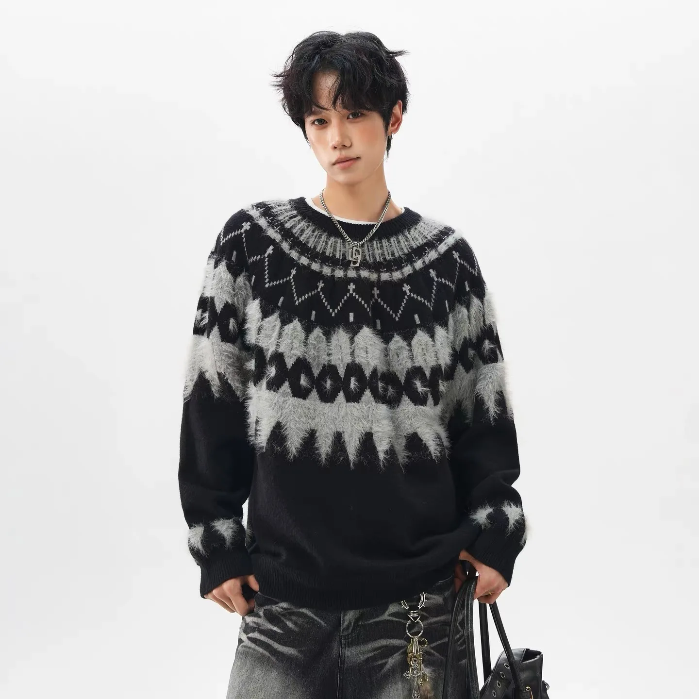 

American Sle Men's Loose Fit round Ne Knit Sweater Color Blo Fair Isle Trendy Brand Heavyweight Couple's Camere Sweater