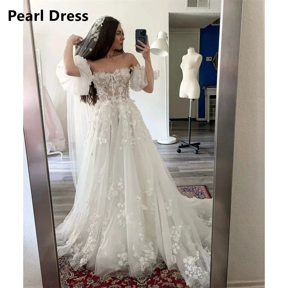 

Pearl Evening Dresses Woman Elegant Party Dresses 2024 for Wedding Dress Leaky Shoulders Applique Ground Length Lace Custom Made