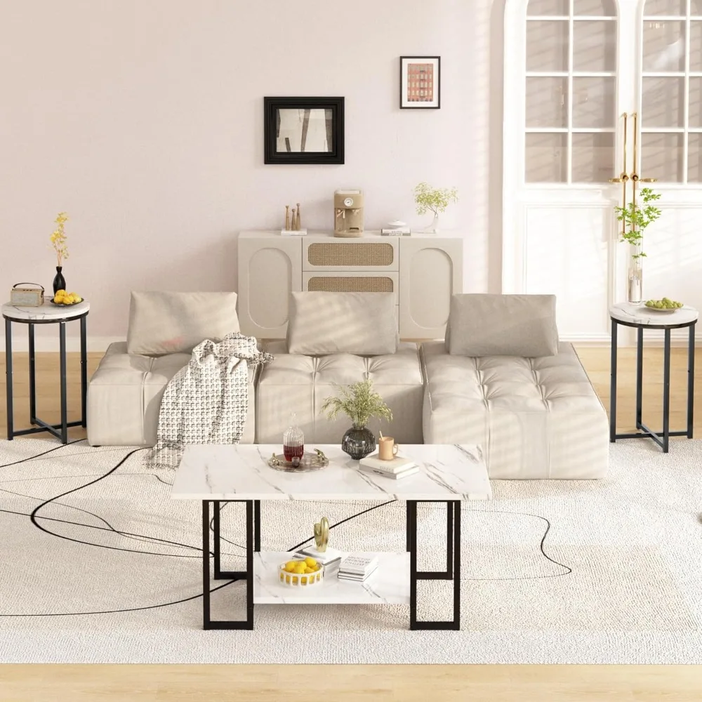 Faux Marble Living Room Table Set with 3 Pieces: Coffee Table and 2 Side Tables, Metal Frame Accent