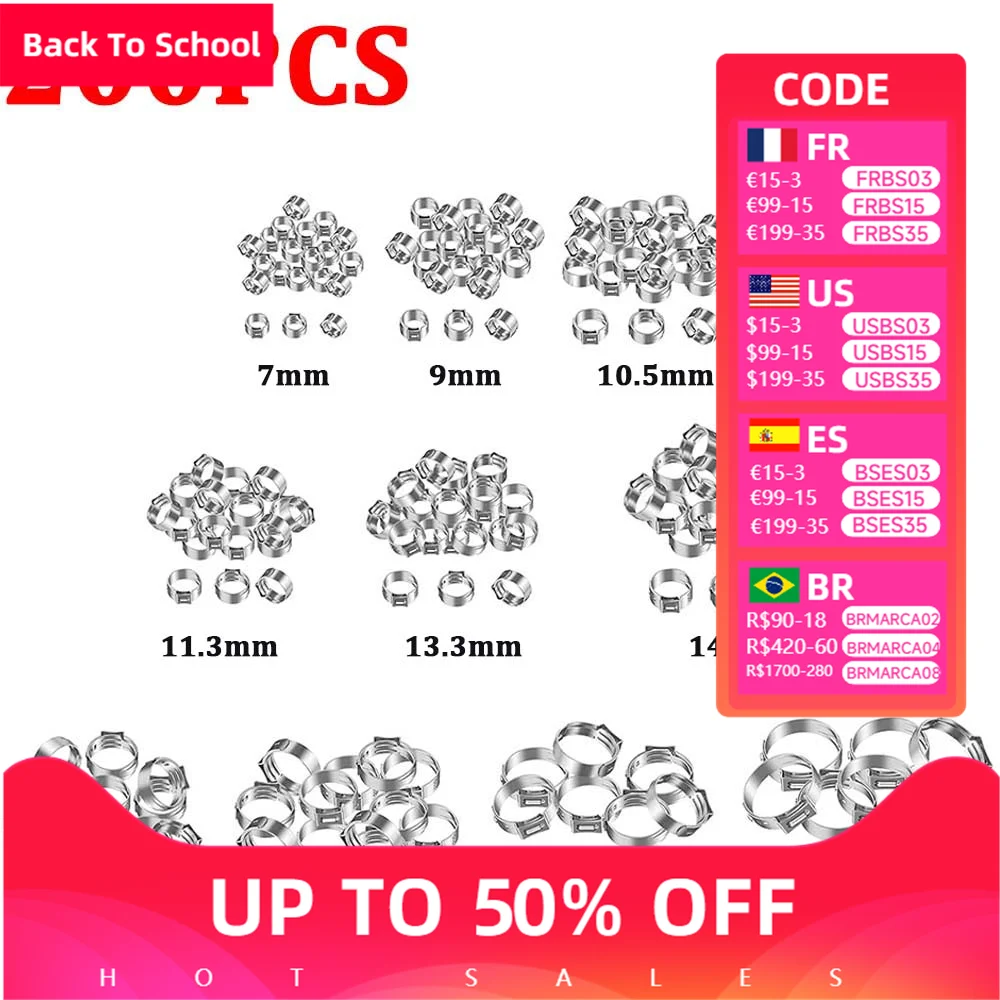 

200pcs Ear Clamps Stainless Steel Hose Clip 5.8-7/7.3-9/8.8-10.5/9.6-11.3/10.8-13.3/12-14.5/13.5-16.2/14.5-17/16-19.2/17.8-21mm