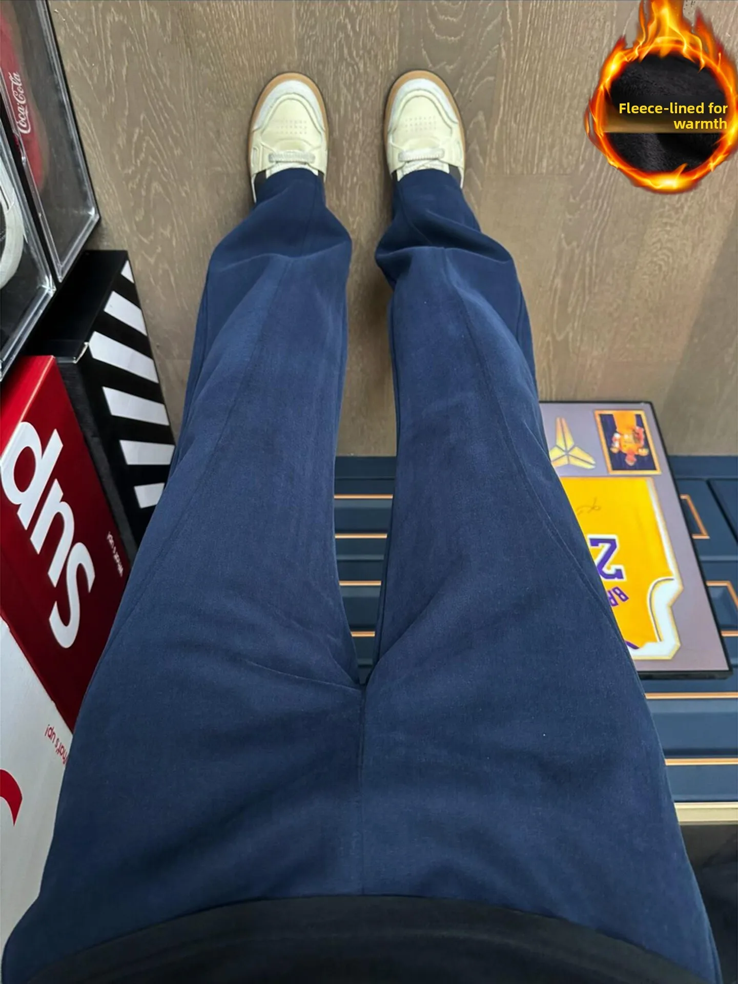 High Waist Straight Leg Fleece Lined Men's Sweatpants Autumn Winter Taller Illusion Bootcut American Style Knife  Pants