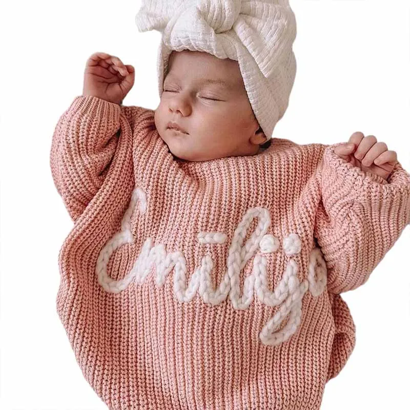 Personalized sweaters for cherished babies.Celebrate your little one's name with unique, custom-made thick knitted sweaters