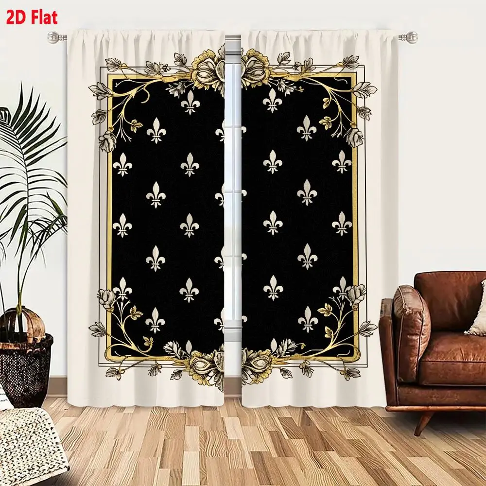 2Pcs Curtains 2D Flat Decorative Square Frame With Vintage Black Background And Gold Fleur De Lis Pattern Ornate Floral Border W