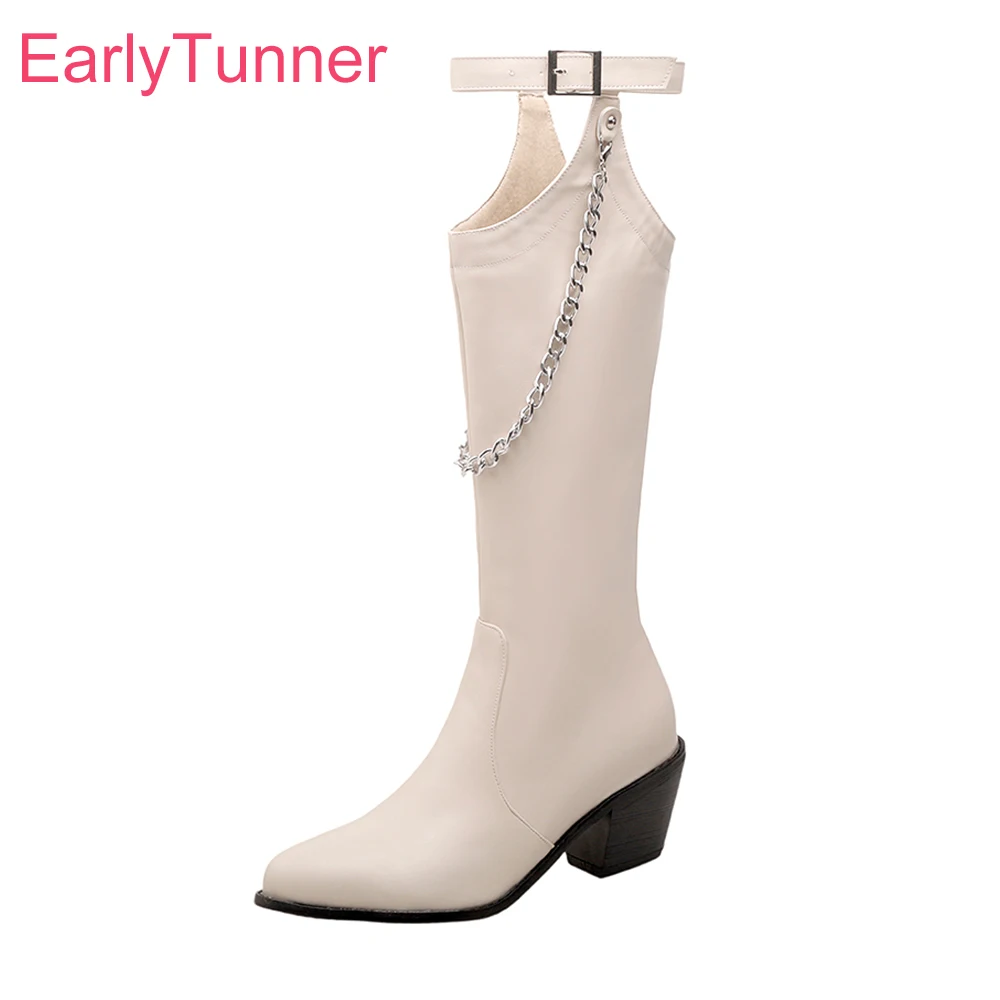 

Новые зимние удобные черные, бежевые женские сапоги до колена на квадратном высоком каблуке, женская повседневная обувь, большие размеры 11,3, 45, 48