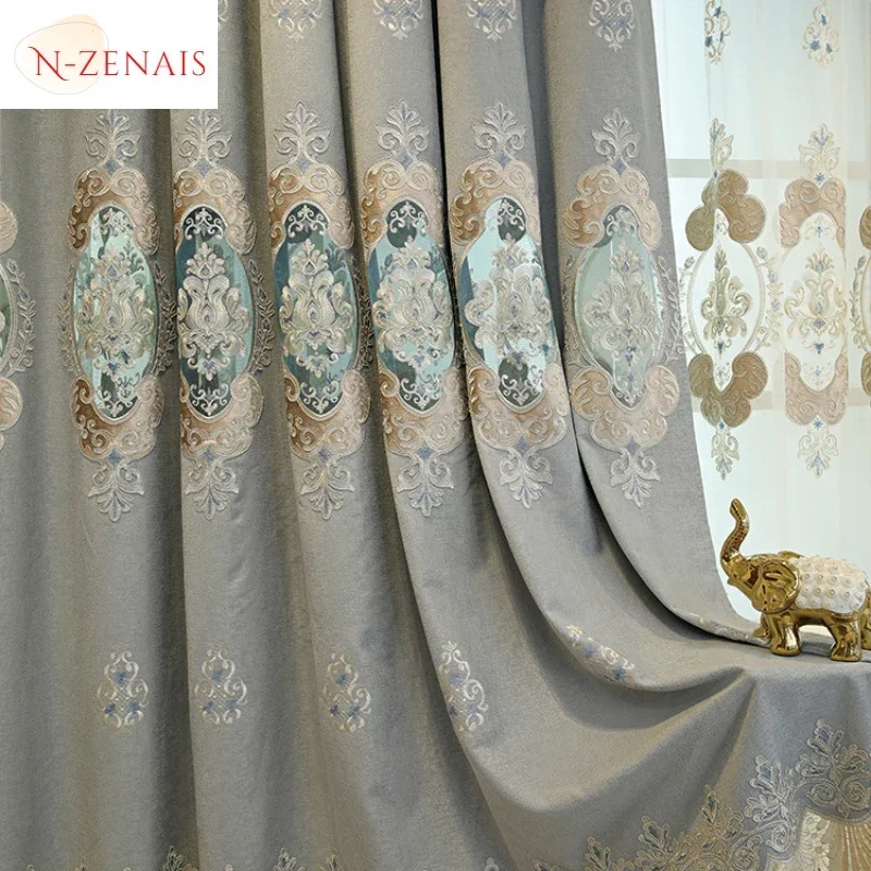 European Embroidered Grey Hollow Luxury Curtains For Living Room Bedroom Dining Villa Partition Blackout Tulle Valance Window