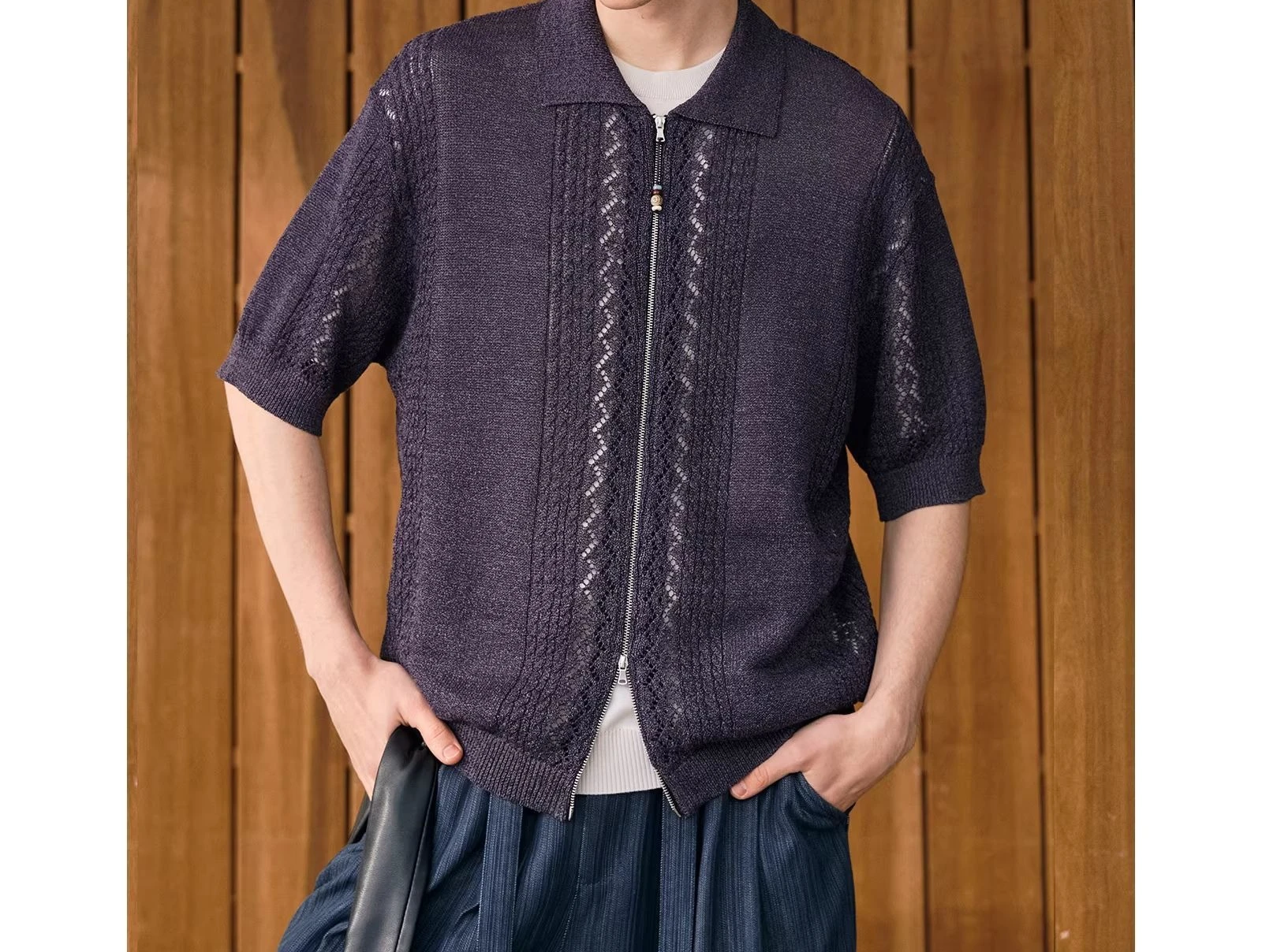 New Hollowed Out Striped Zipper Knitted Short Sleeved Cardigan Men's Summer Shirt Top