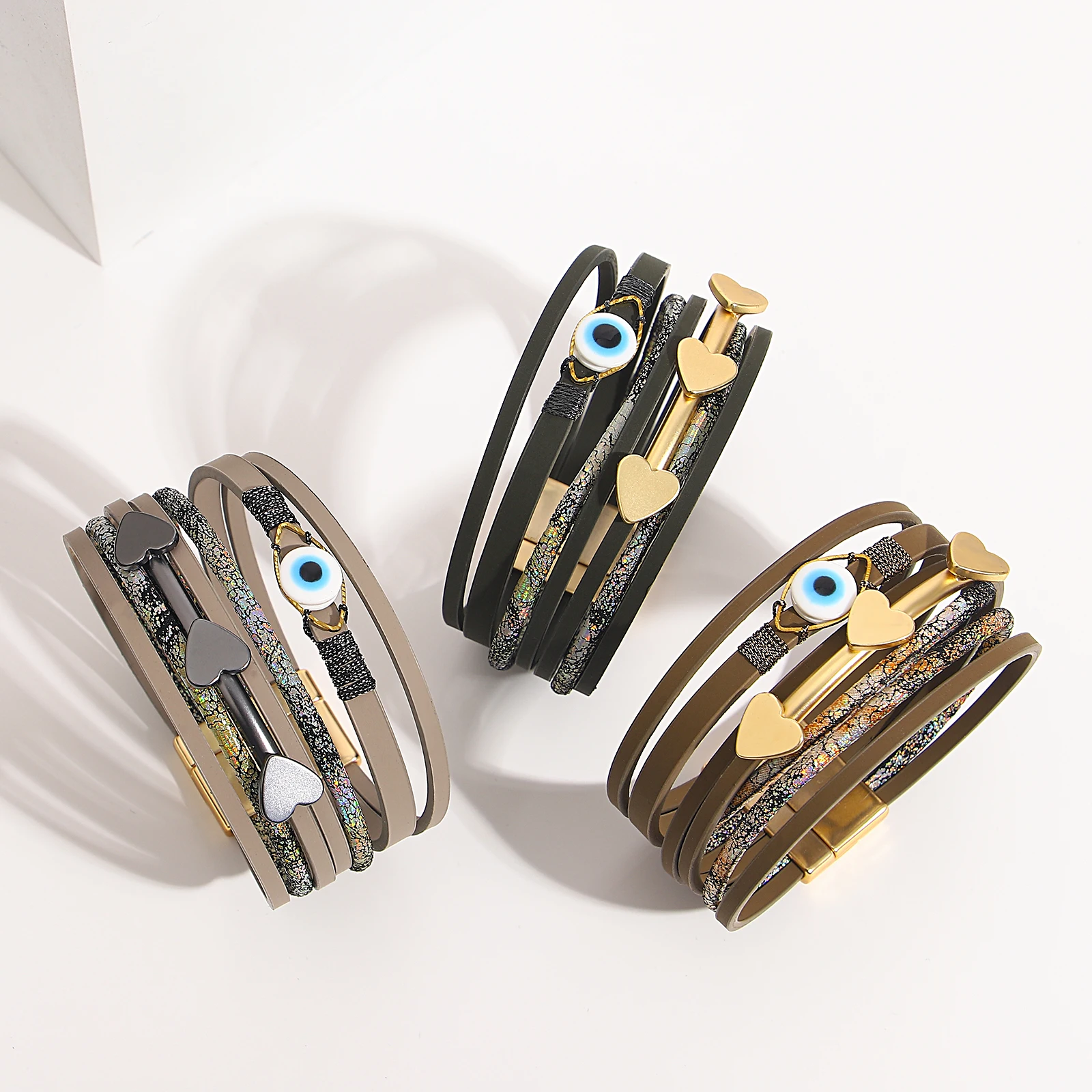 

Amorcome Ceramic Evil Eye Bead Leather Bracelets for Women Charm Triple Hearts Bar Multilayer Wrap Bracelet Female Jewelry