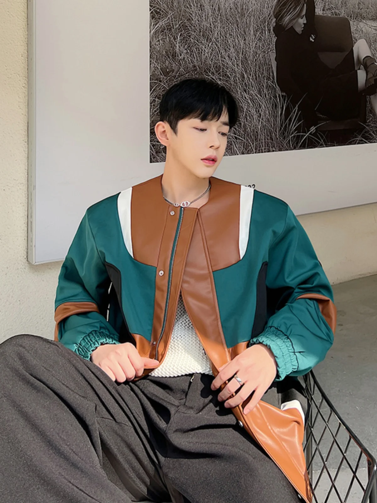 

Korean Sle Color Blo Leather Design Men's Jaet Loose Motorcycle Faion PU Top Youth ular Four Seasons Universal