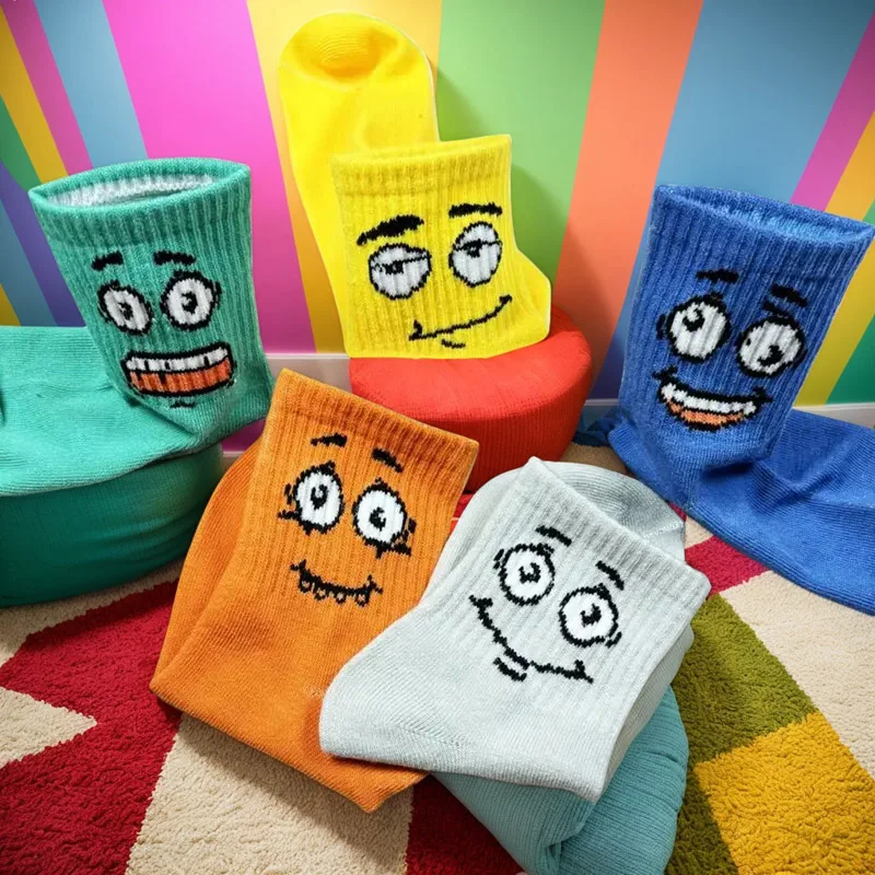 5 Pairs Kids Socks Funny Emoticons Face Pattern Comfortable Breathable Ankle Socks For Boys And Girls
