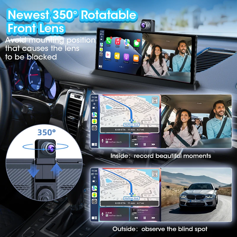 Develuck 11.26 بوصة ADAS Car DVR 4K Dash cam 350 °   كاميرا أمامية قابلة للدوران Carplay Android Auto Dual Lens Registrar Siri Voice Control