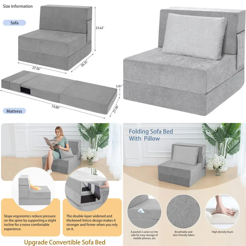 

Folding Sofa Bed with Mattress and Pillow, Light Gray Single for Living Room/Home Office