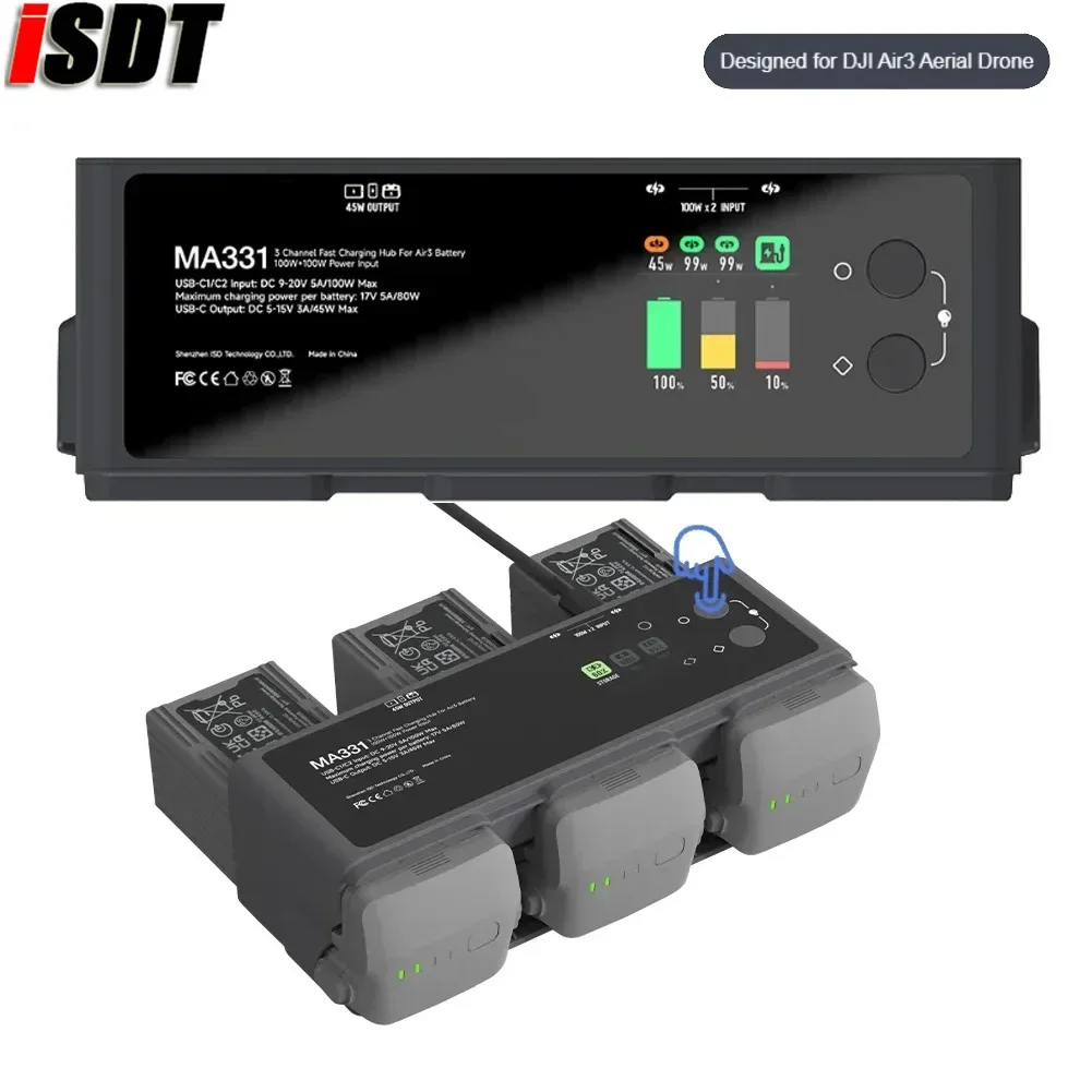 ISDT MA331 200W (Dual 100W) Smart Battery Fast Charging Butler USB Type-C Plug OTA Upgrades for DJI Air3 Aerial FPV Drone - image 1 of 6