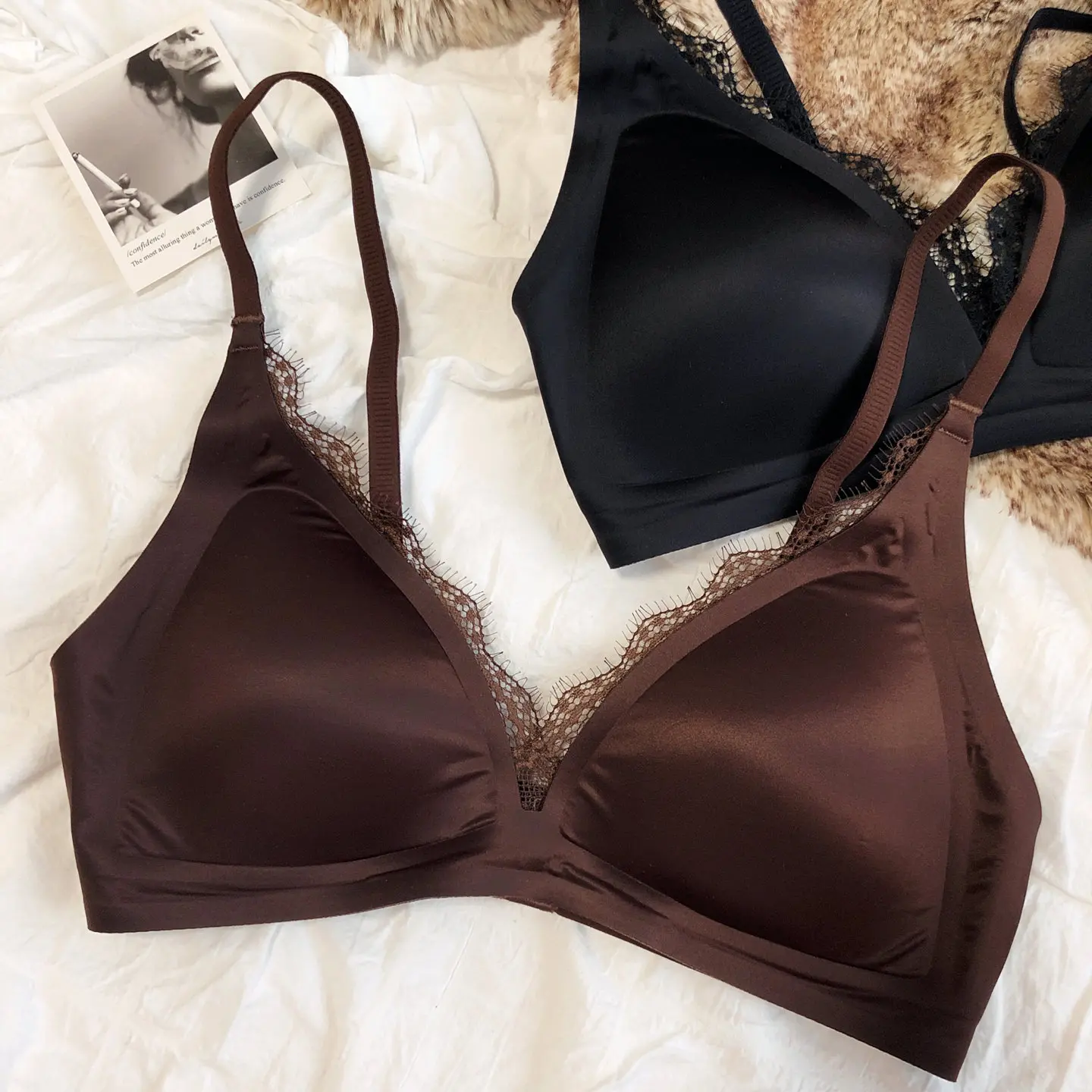 French Sexy Seamless Lingerie Women Silk Satin Lace Bra Deep V Triangular Cup Push Up Bras Adjustable Strap Comfort Underwear