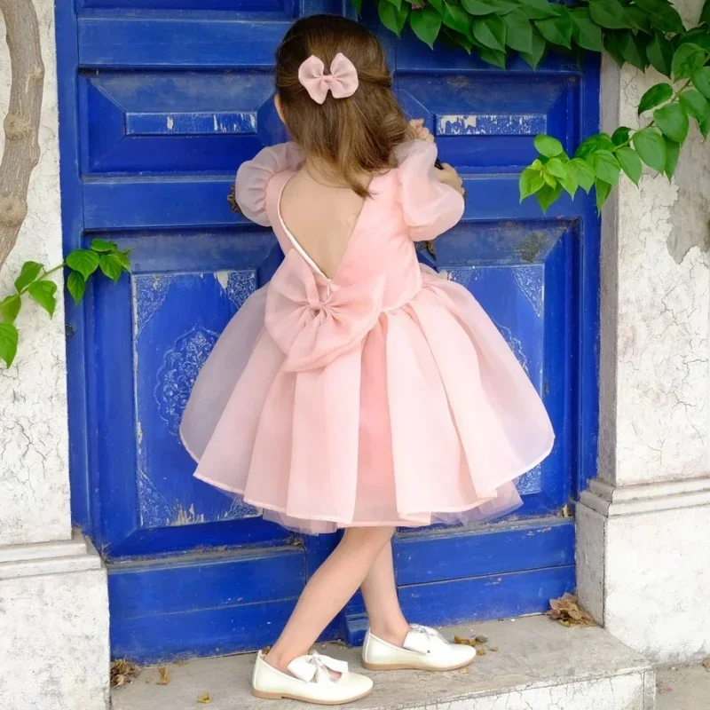 Blumenmädchenkleider Rosa Satin Tüll Puffy mit Schleife Kurzarm für Hochzeit Geburtstag Heilige Kommunion Bankett Prinzessin Kleider