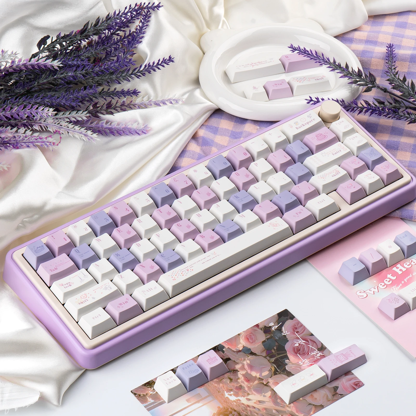 

Grape Mousse Key Caps 130 Keys Cherry Profile PBT Dye Sublimation Purple Peripheral Keycaps for Mechanical Keyboard Accessories