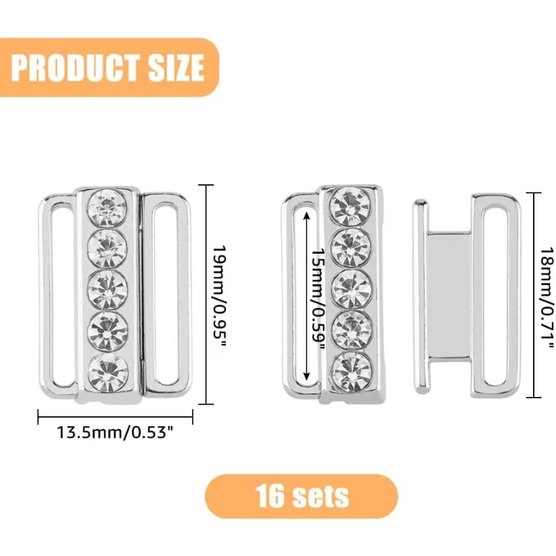 16 Sets Alloy Bra Buckles 19x13.5mm Sewing On Clothes Bra Clip Hook Rhinestone Lingerie Front Closure for Swimsuit Clothes