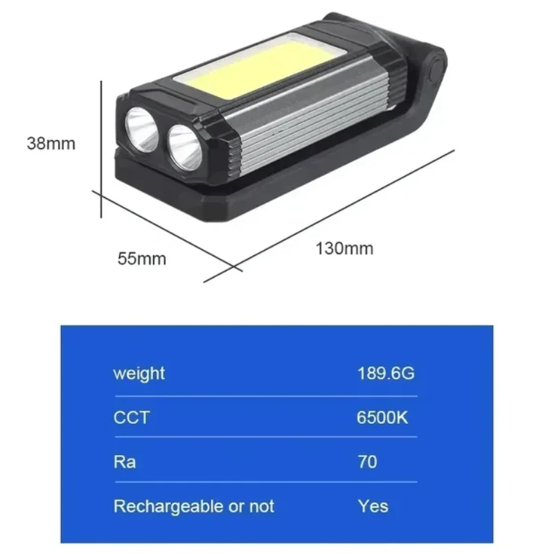 1pc Super Bright Work Light COB Led Workshop Working Lamp USB Rechargeable Flashlight Portable Torch Light with Brackets