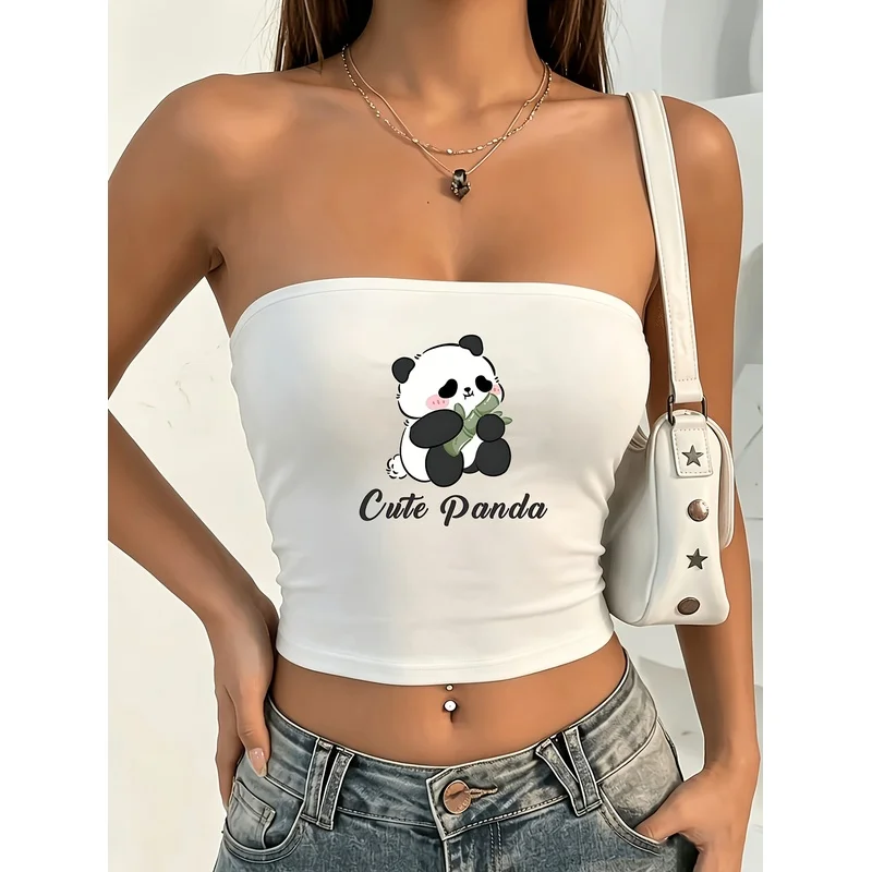 Women's Y2K Semi-Sheer Strapless Crop Top with Panda Print - Belly-Baring Tube Top, Stretchy Breathable Short for Hot Style