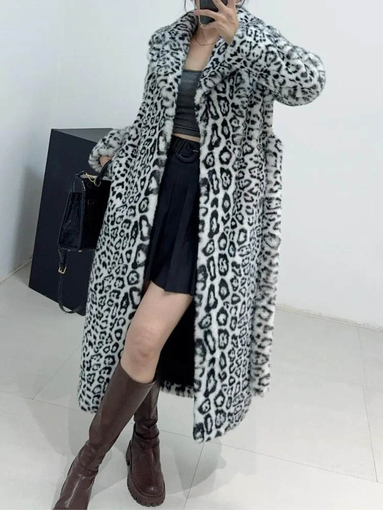 UCXQ Fashion Faux Fur Coat European Style Single Breasted Belt Leopard Loose All Match Long Jacket Women 2024 Autumn Winter 1685