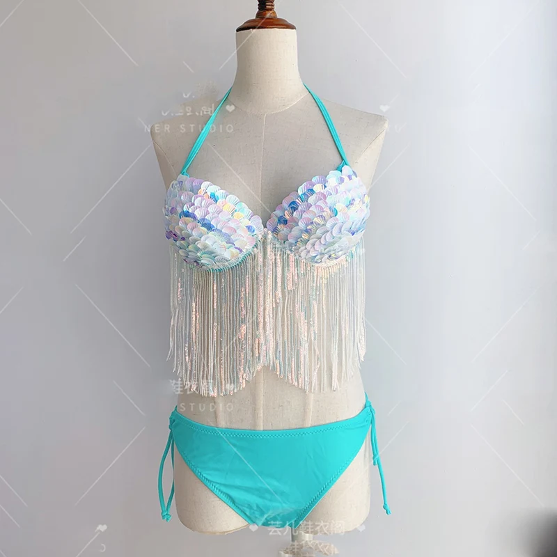 

Customized Mermaid Bra Shell Sequins Large Cups Oceanarium Performance Costumes With Cushions Fishtail Bra Bikini Corset