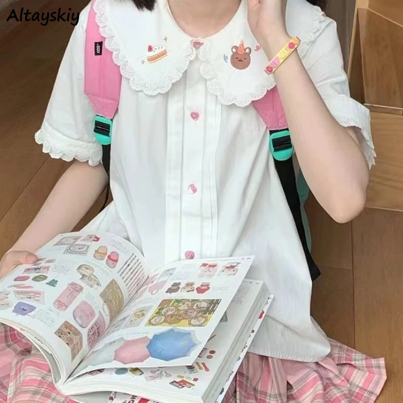 Kawaii White Shirts Women Peter Pan Collar Lace Short Sleeve Embroidery Japanese Style Girlish Students Loose Tops Lolita Sweet