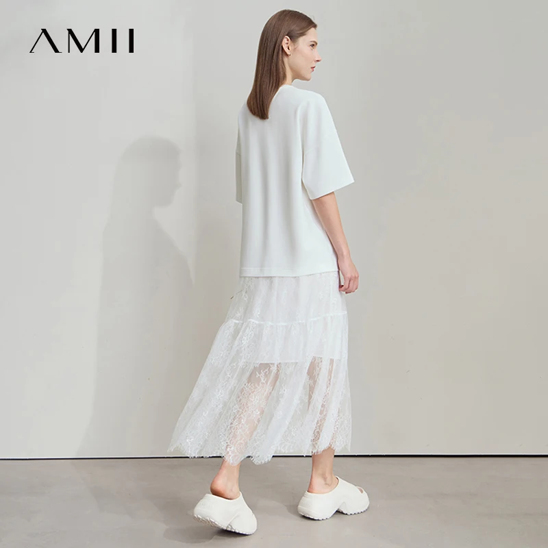 AMII プリントカジュアルサマードレス女性 2025 半袖ラウンドネックスプライシングレース Tシャツドレス女性のファッションストレート 12542199