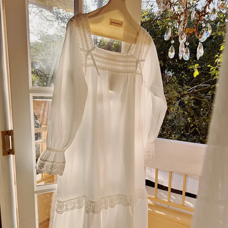 Pure Cotton Vintage Nightgown Sweet Sleepwear Princess Nightwear Long Sleeve Loose Peignoir Robe Women Victorian Night Dress