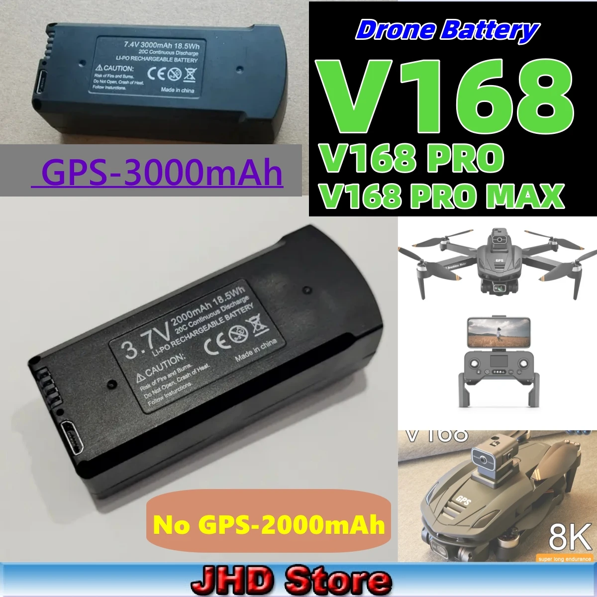 Аккумулятор JHD Аккумулятор для беспилотника V168 для V168/V168 PRO MAX, без GPS или GPS, батарея для дрона V168 PRO, оптовая продажа