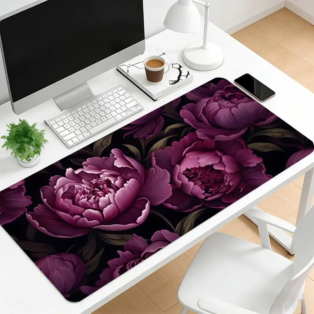 Vintage Peony Floral Print Large Gaming Mousepad Non-slip Rubber Base Stitched Edge Office Desktop Decor Workstation Accessory
