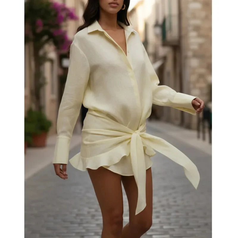 

Women's Summer Lazy Style Two Piece Set Long Sleeve Lapel Tie Waist Shirt Dress With Shorts Outfit For Daily Vacation Party Wear