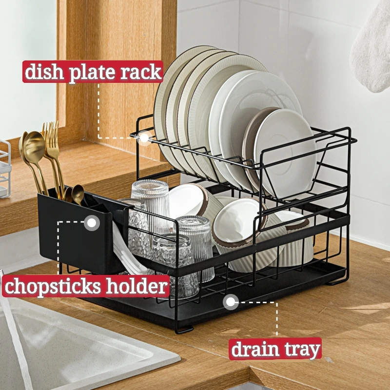 

2-tier Dish Rack with Drip Tray Kitchen Cutlery Basket Dish Drainer Rack with Cutlery Holder for Kitchen Organizer Storage Rack