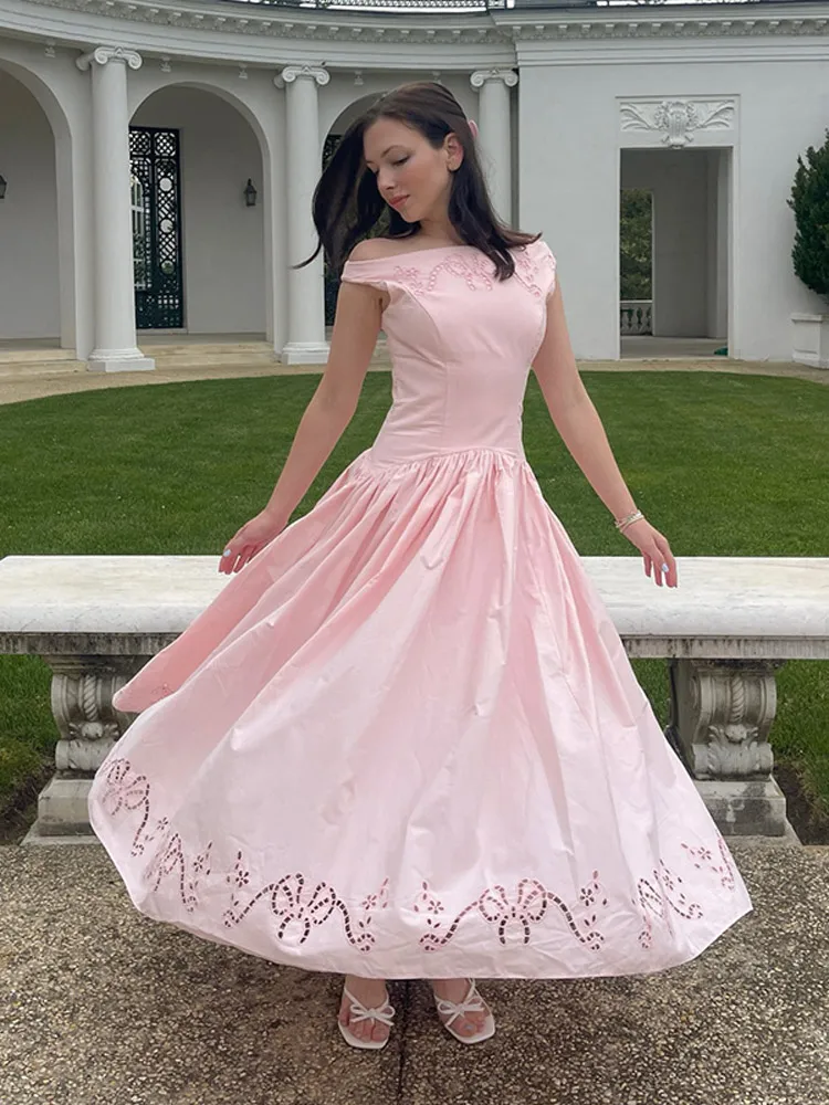 Schulterfreies, besticktes, tailliertes langes Kleid für Damen – Luxuriöses, weit ausgestelltes, schmales Party- und Abendkleid – Elegantes Damen-Vestido Longos – Detail 14