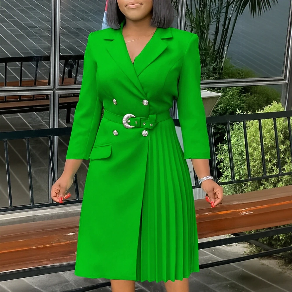 فستان نسائي أنيق للعمل بأزرار أمامية وأكمام طويلة وطية صدر السترة ورباط علوي وحاشية مطوية فستان طويل للمكتب للسيدات للخريف