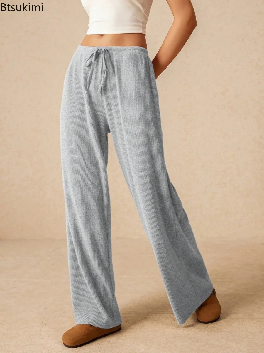 2025 Women's Solid Color High Waisted Fashion Pants Fashionable Lace Up Straight Leg Wide Leg Pants Casual Loose Sports Trousers