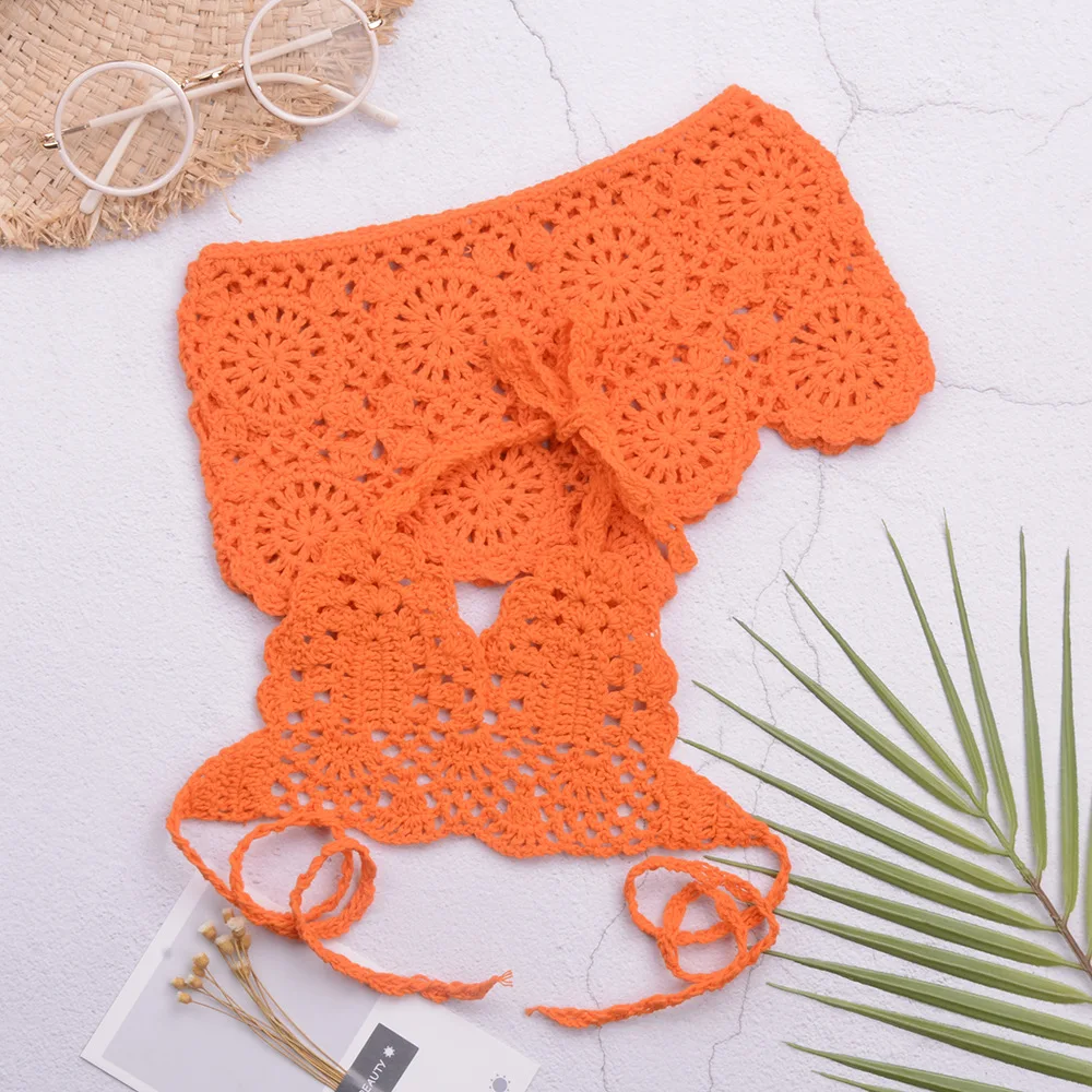 Hand-crocheted Beach Resort Small Fresh Openwork Shorts Lace-up Small Girl Split Swimsuit