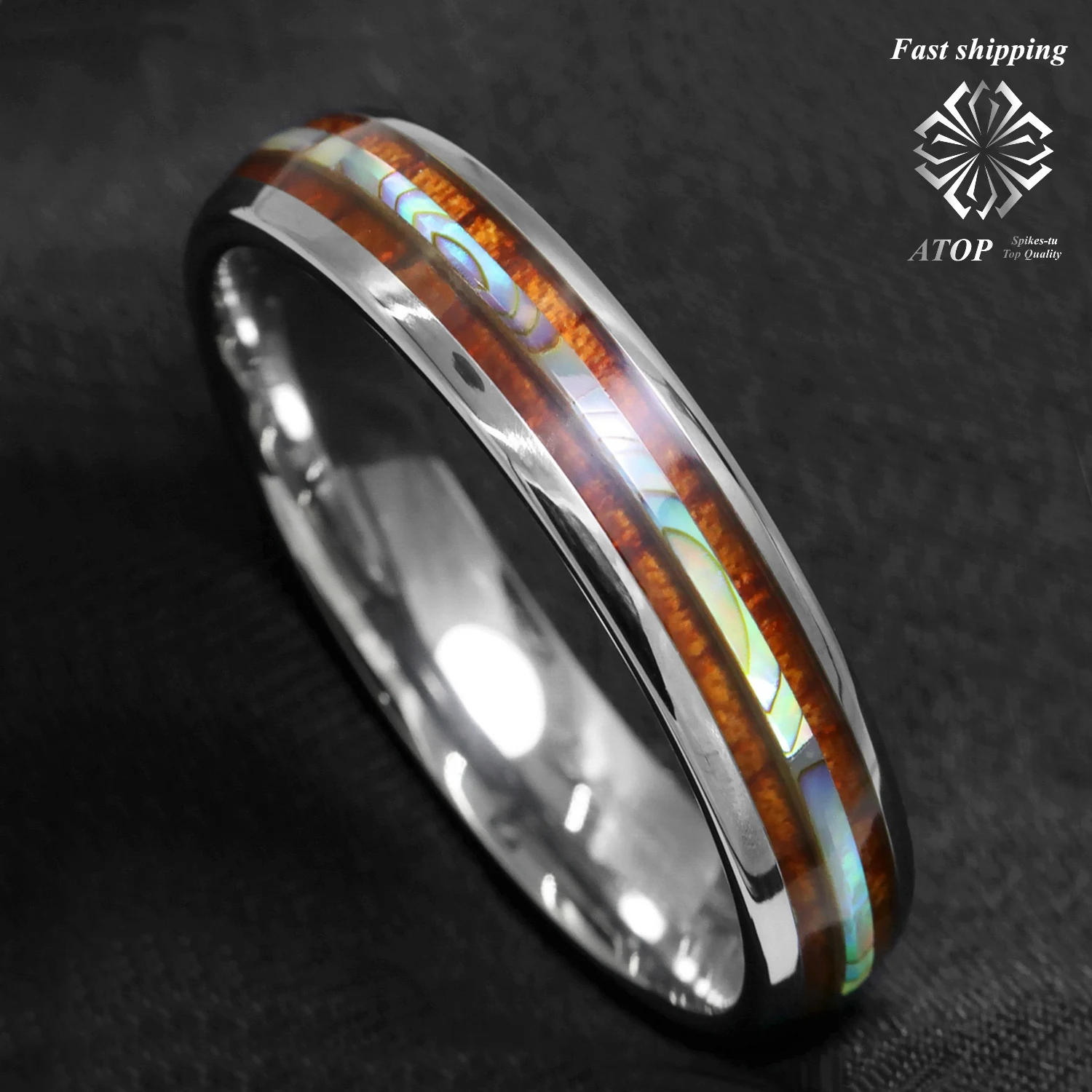 

6mm Tungsten carbide ring Koa Wood Abalone ATOP Wedding Band Ring Men Jewelry