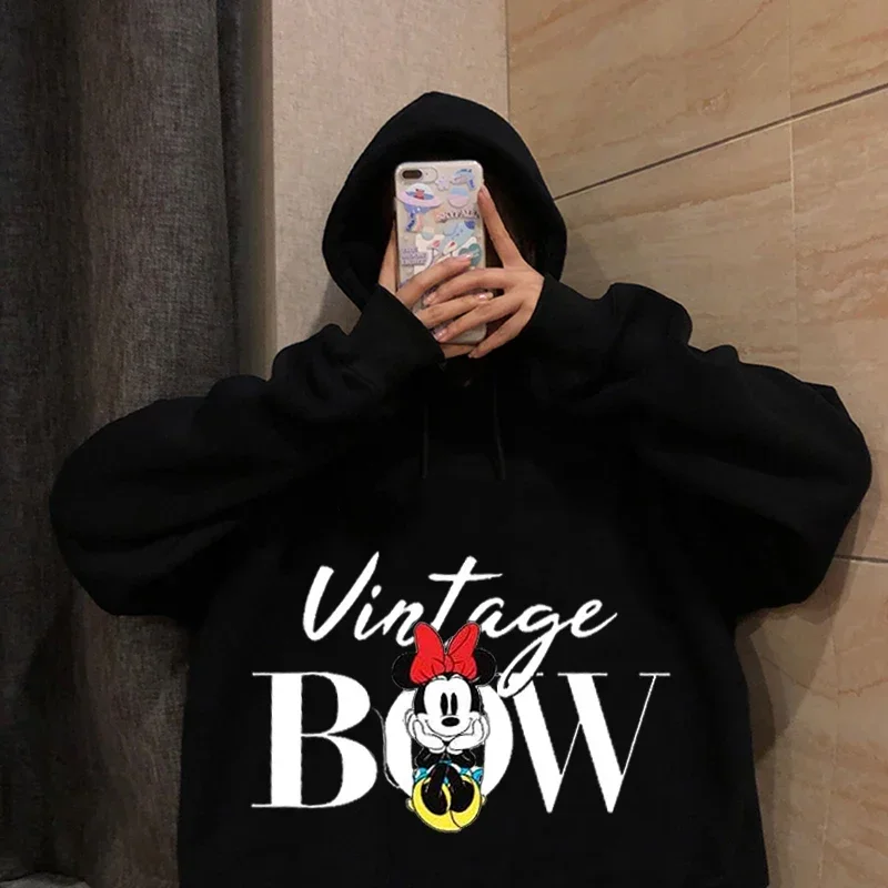 미키 마우스 후드티, 만화 상의, 긴팔 포켓 스웻셔츠, 패션 미니 후드, 여성 오버사이즈