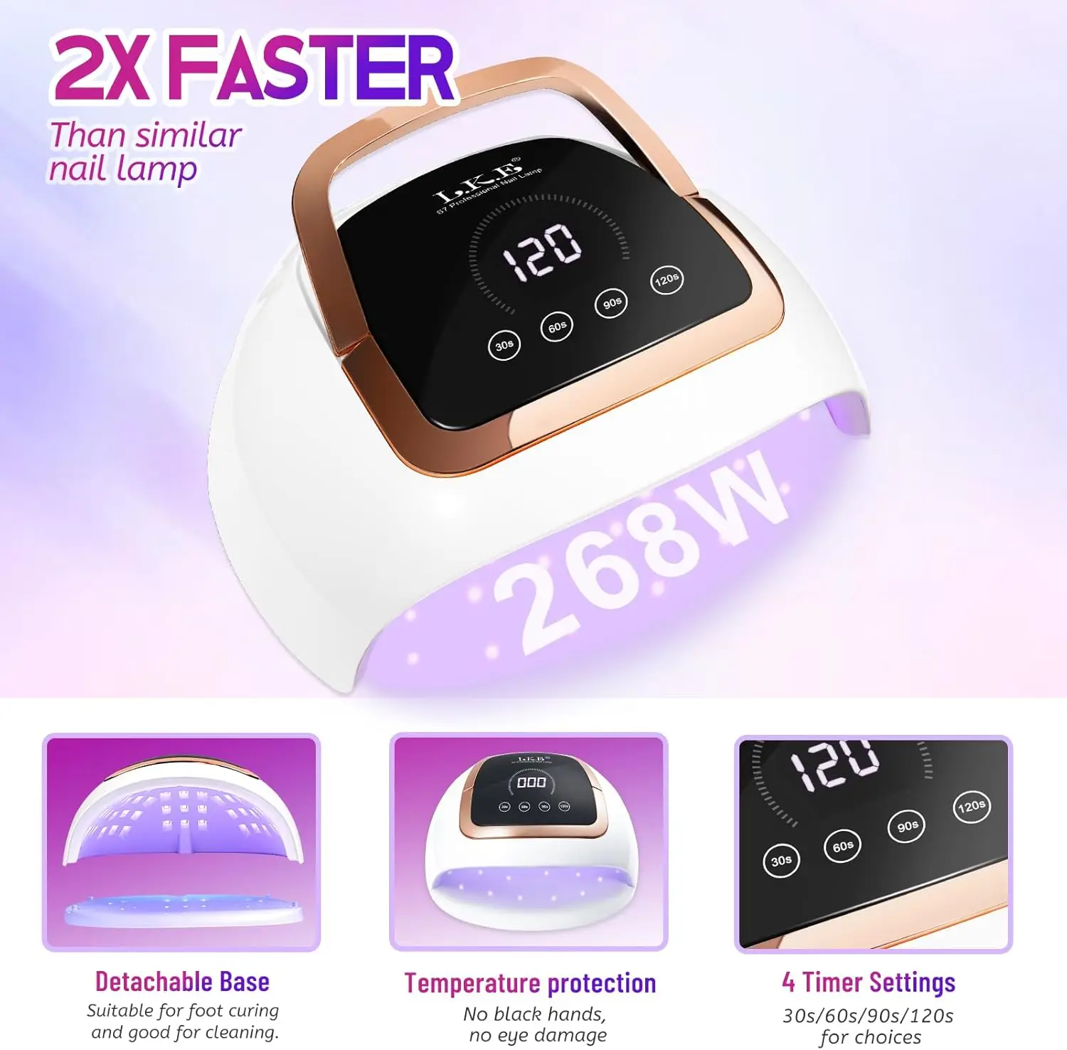 مصباح أظافر LED بالأشعة فوق البنفسجية بقدرة 268 وات، ومجفف طلاء جل مع 4 مؤقتات ومستشعر تلقائي (أسود)