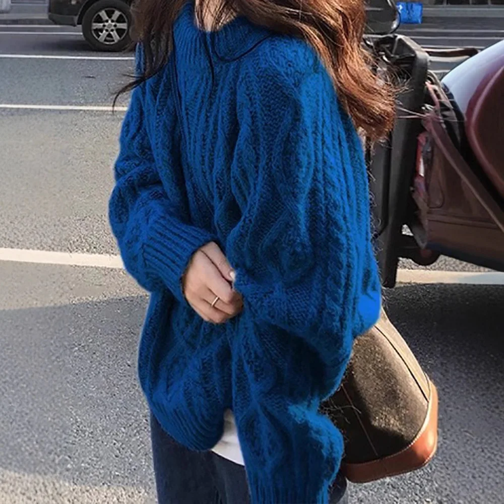 

Women Pullovers Sweaters Cable Knitted Solid Jumpers Round Neck Long Sleeves Thick Loose Fit Casual Office 2026 Autumn Winter