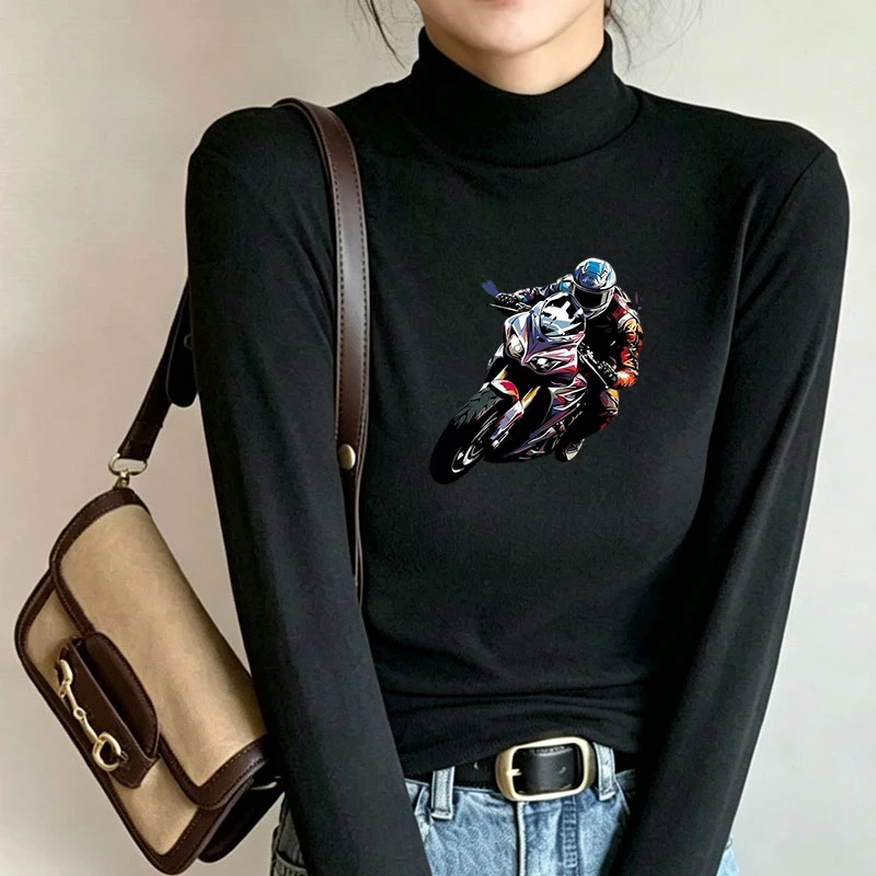 Winter Women's Thermal Brushed Fleece Half Mock Neck Long Sleeve T Shirt Motorcycle Rider Leaning Graphic Warm Tee