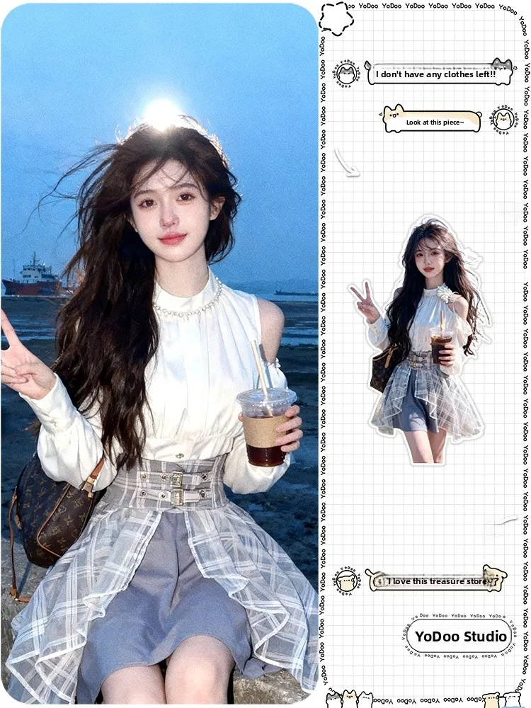 

Elegant Japanese Style High Waist Shoulder Bared Set Slimming Plaid Skirt Breathable Comfortable Polyester Fiber T-Shirt